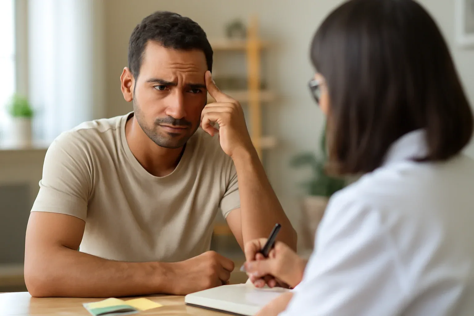 Homem adulto em consulta com profissional de saúde, aparentando preocupação durante a conversa.